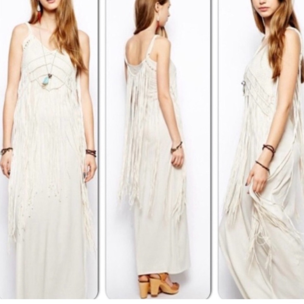 Denim & Supply Ralph Lauren Ivory Fringe Macrame Western Boho Maxi Dress size XS